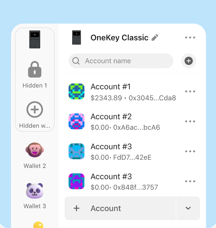 OneKey App自托管钱包与多链账户管理界面
